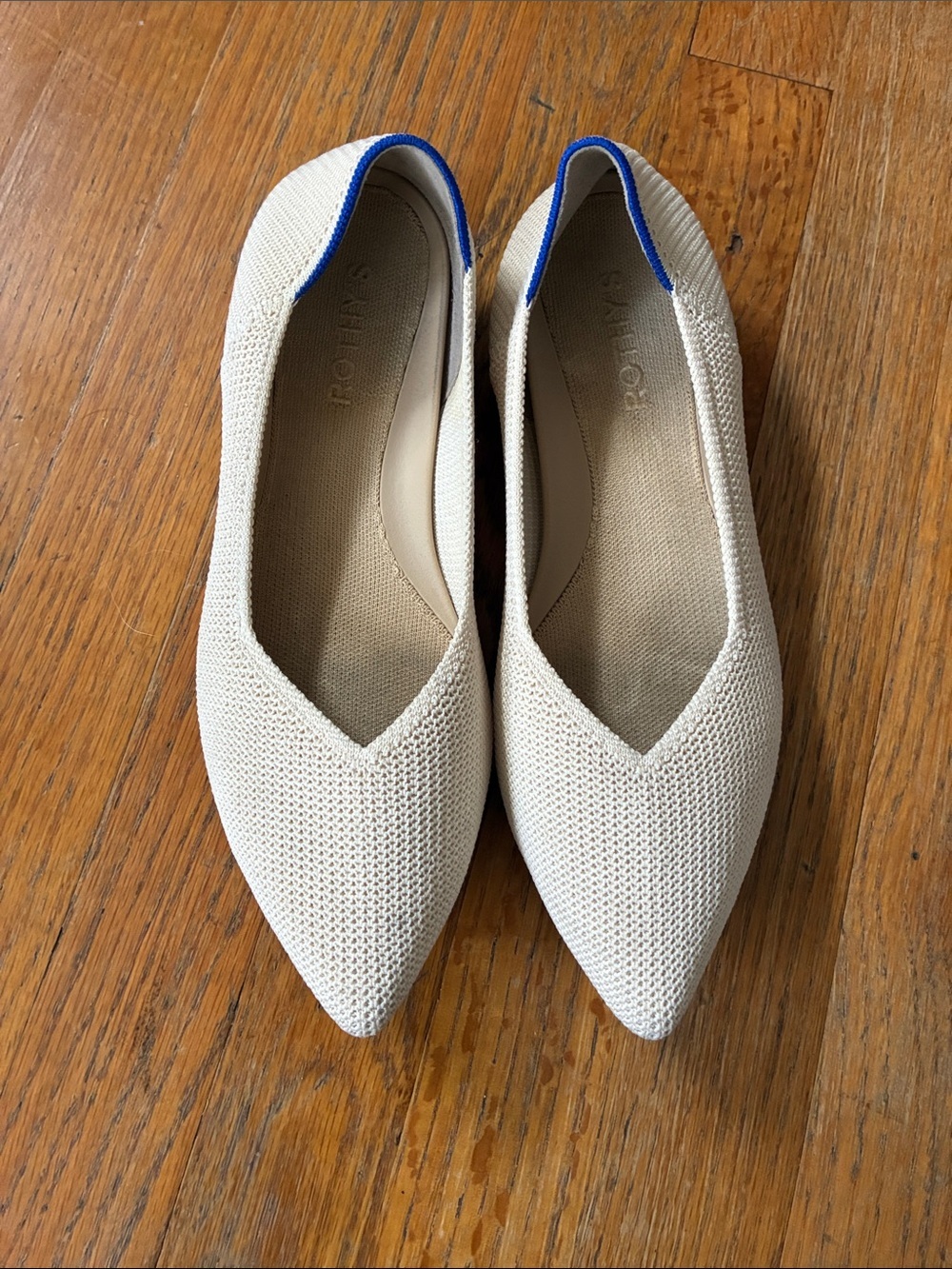 Rothy's Pointed Knit Flats in Cream with Blue Trim